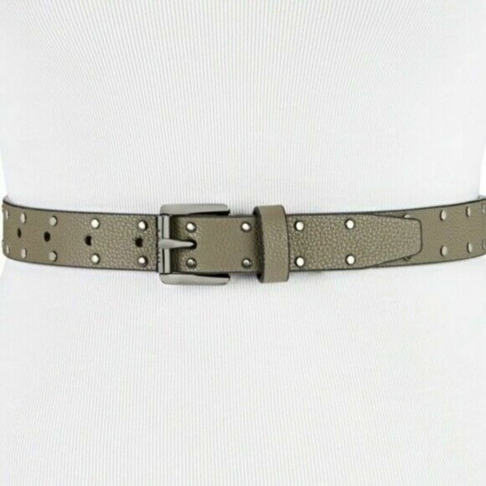 DKNY Womens Large Pebble Studded Skinny Belt Green Faux Leather Gunmetal $38